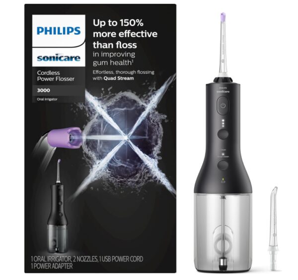 Philips Sonicare Power Flosser 3000 Cordless, Oral Irrigator Quad Stream technology and whisper quiet, Black, HX3826/23